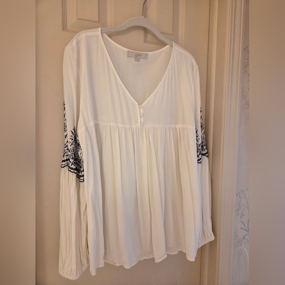 LOFT Ivory Blouse with Black Embroidery